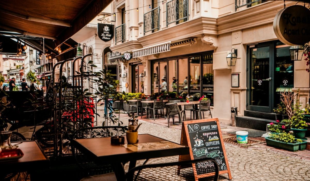 Outdoor cafe terrace on a city street